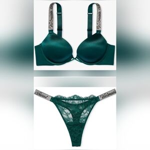 34C/M VS Shine Strap Bombshell Bra Thong Panty Set Dark Green